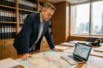 Investisseur immobilier analysant des cartes cadastrales et des documents fonciers sur un bureau en bois