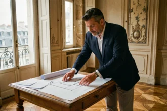 Investisseur immobilier consultant des plans dans un appartement haussmannien de Lyon centre avec vue sur les toits
