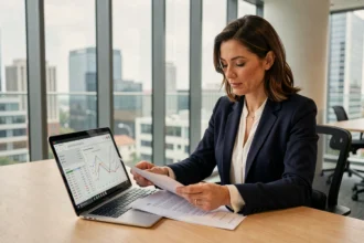 Investisseuse immobilière analysant des documents financiers et des graphiques de rendement sur son bureau dans un bureau moderne