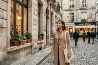 Jeune femme explorant un quartier pittoresque de Saint-Étienne avec des façades en pierre typiques