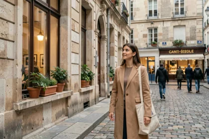 Jeune femme explorant un quartier pittoresque de Saint-Étienne avec des façades en pierre typiques