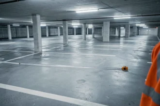 Mesure de la largeur d'une place de parking en sous-sol de copropriété avec un mètre ruban sur béton gris