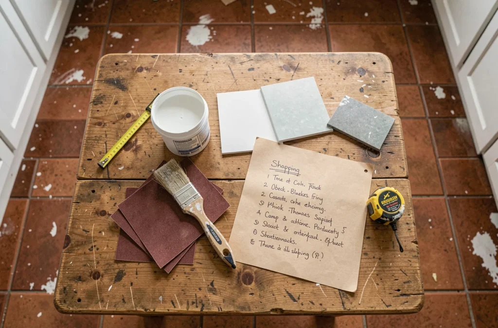 Matériaux et outils posés sur une table en bois pour rénover une cuisine avec un petit budget