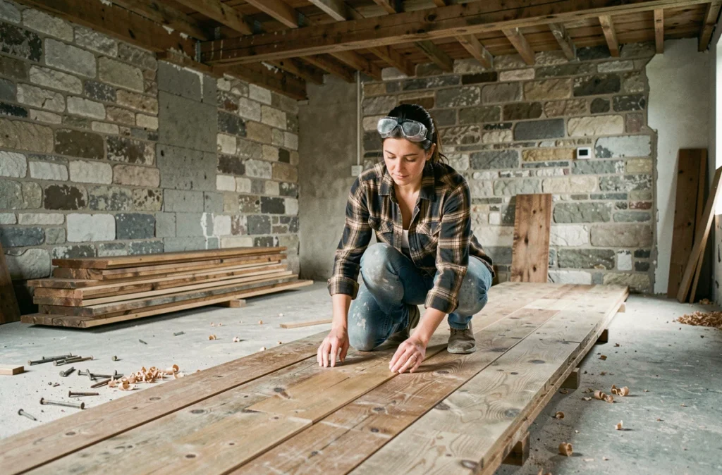 Femme en train de nettoyer des lames de parquet en chêne massif récupérées dans un espace de rénovation en chantier