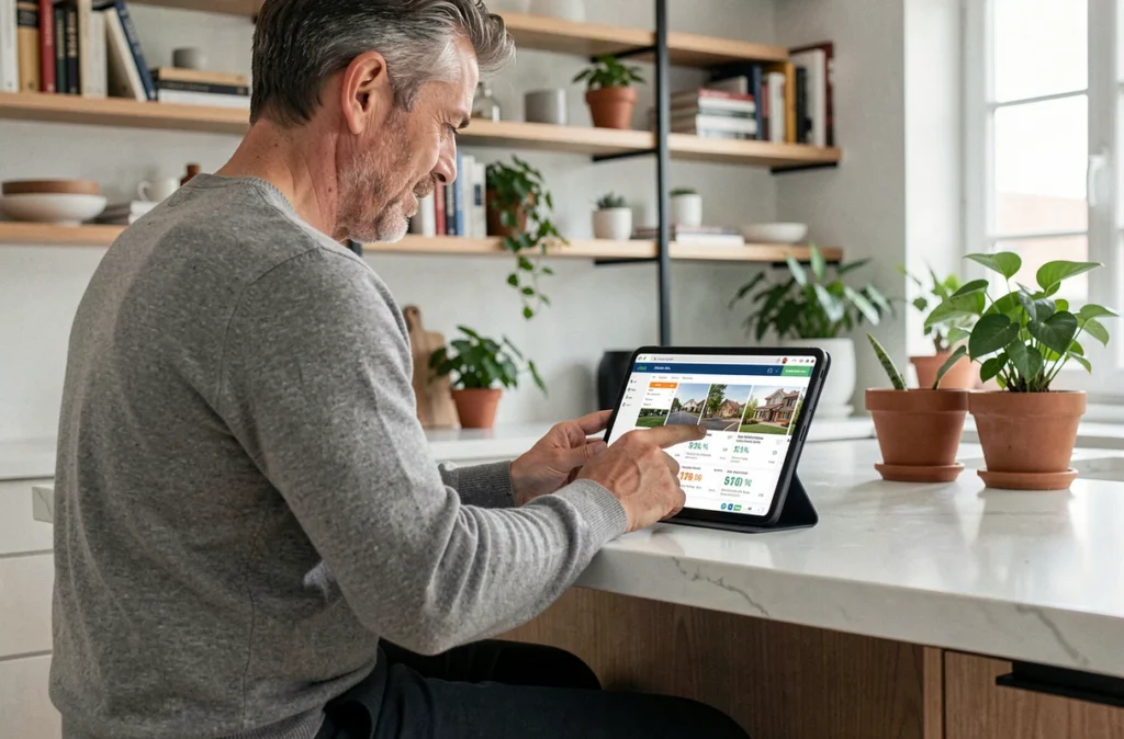 Particulier consultant une plateforme d'investissement immobilier en ligne depuis son domicile sur une tablette