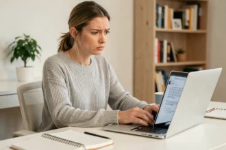 Femme frustrée devant un message d'erreur lors de sa première connexion à un espace en ligne sur un ordinateur portable