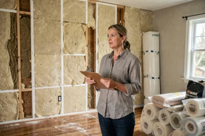 Femme examinant une paroi isolante lors de la préparation d'une rénovation énergétique dans un logement