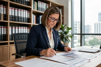 Professionnelle de l'immobilier examinant un pré-état daté pour une copropriété dans un bureau juridique moderne