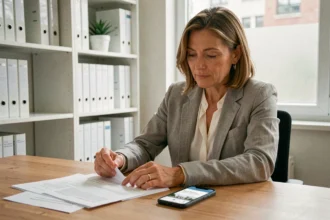 Propriétaire de copropriété consultant ses appels de fonds sur smartphone et documents papier dans un bureau à domicile