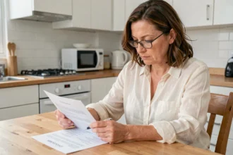 Propriétaire vérifiant la liste du mobilier obligatoire pour une location meublée à la table de cuisine