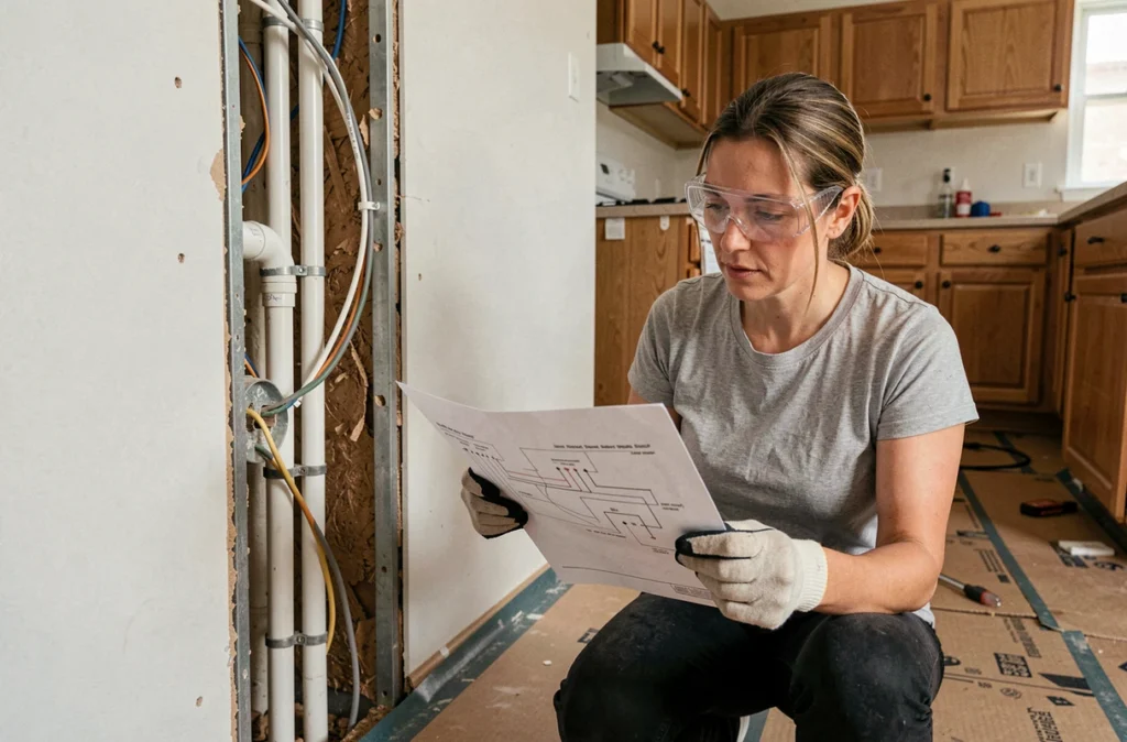 Propriétaire consultant un plan électrique devant des câblages apparents lors d'une rénovation de cuisine
