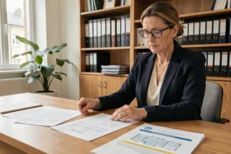 Propriétaire immobilier en zone tendue examinant des documents de bail et des règles spécifiques dans un bureau notarial