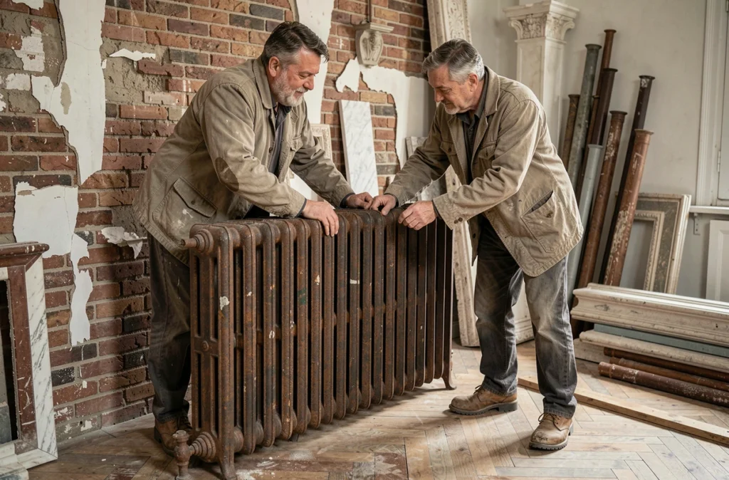 Deux artisans repositionnant un radiateur en fonte ancienne dans un appartement haussmannien en cours de rénovation avec matériaux récupérés