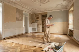 Artisan en train de restaurer les moulures et l'enduit d'un appartement haussmannien ancien avec parquet en chêne en cours de ponçage