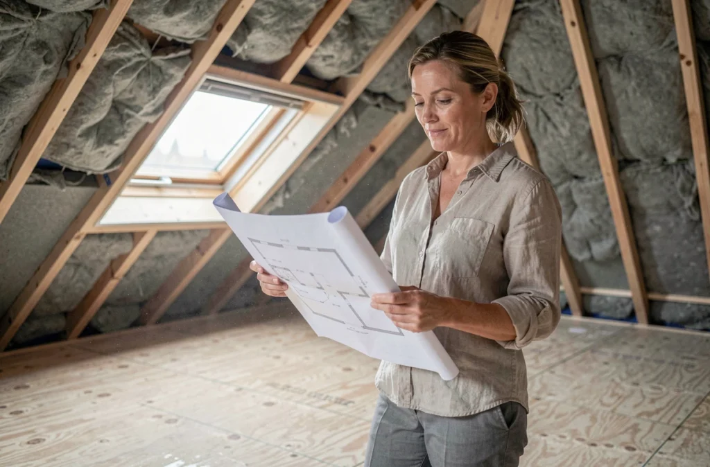 Femme consultant des plans d'architecte dans un grenier en cours de rénovation avec isolation en cours
