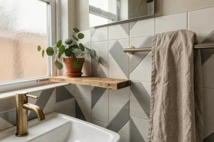 Coin de salle de bain modernisé avec carrelage adhésif géométrique et robinetterie dorée brossée
