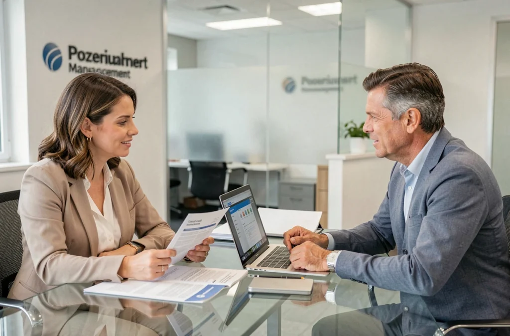 Réunion entre un gestionnaire de copropriété et un propriétaire pour expliquer les appels de fonds dans un bureau professionnel