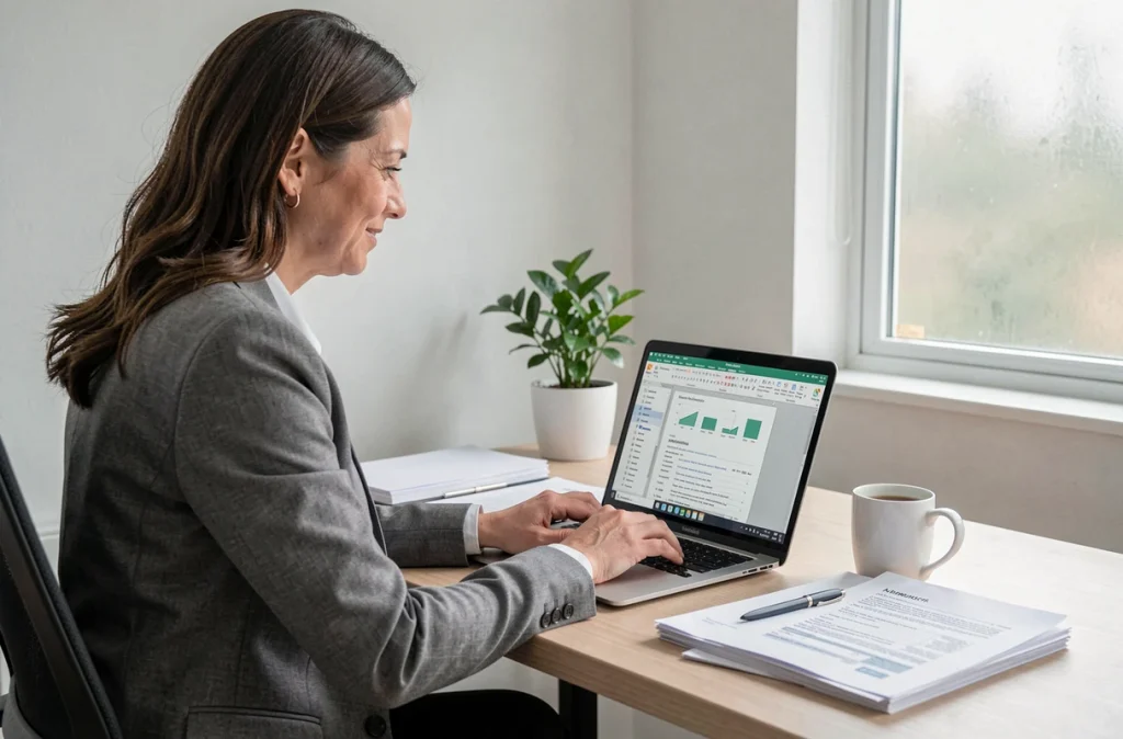 Femme téléchargeant un modèle de pré état daté vierge Word sur ordinateur portable dans un bureau à domicile moderne