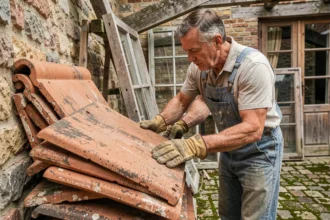 Artisan triant des tuiles en terre cuite anciennes dans une cour de matériaux de récupération pour un chantier de rénovation durable