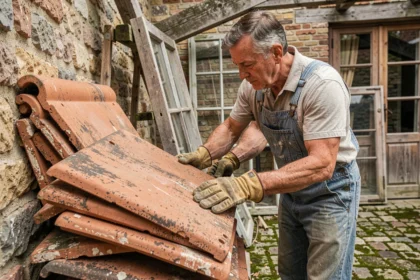 Artisan triant des tuiles en terre cuite anciennes dans une cour de matériaux de récupération pour un chantier de rénovation durable