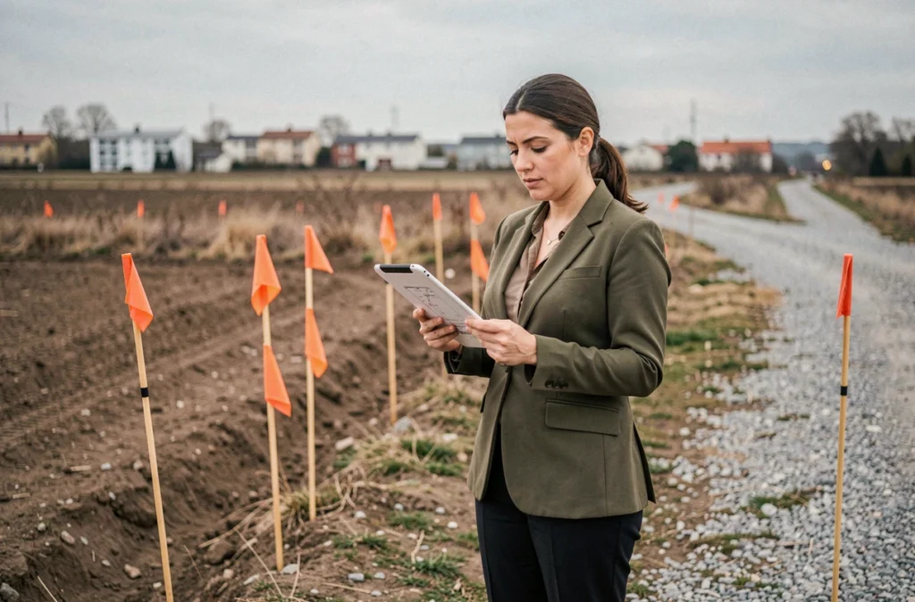 Urbaniste femme inspectant une parcelle foncière non construite avec documents cadastraux et tablette