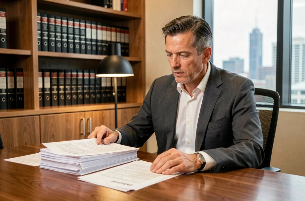 Avocat en droit immobilier étudiant les documents de diagnostic d'un bail commercial de bureaux