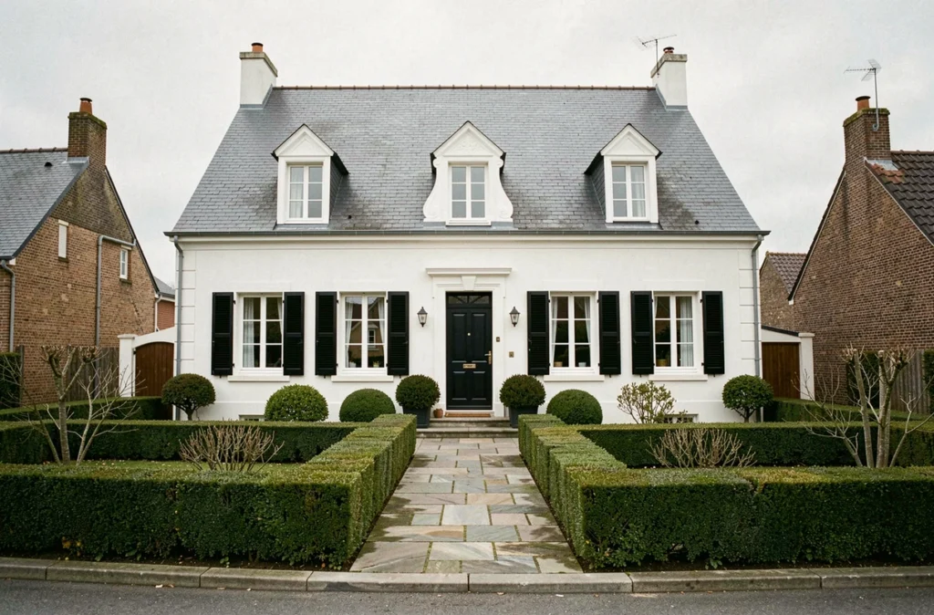 Maison pavillonnaire classique avec volets noirs construite par Babeau-Seguin en Charente
