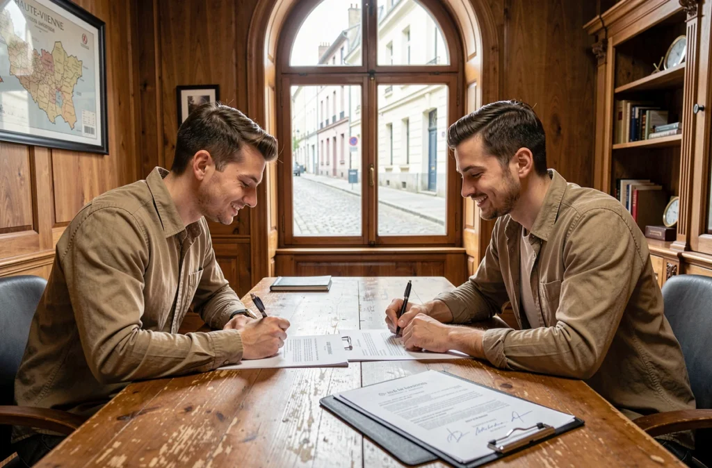 Couple signant un acte de vente d'appartement chez un notaire à Limoges