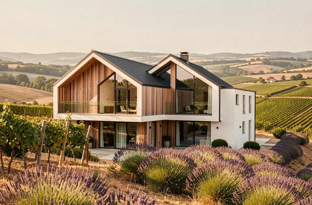 Maison sur-mesure avec bardage bois et vue sur vignobles construite par Créa Concept en Dordogne