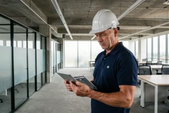 Diagnostiqueur immobilier inspectant un bureau vide lors d'un diagnostic de bail commercial