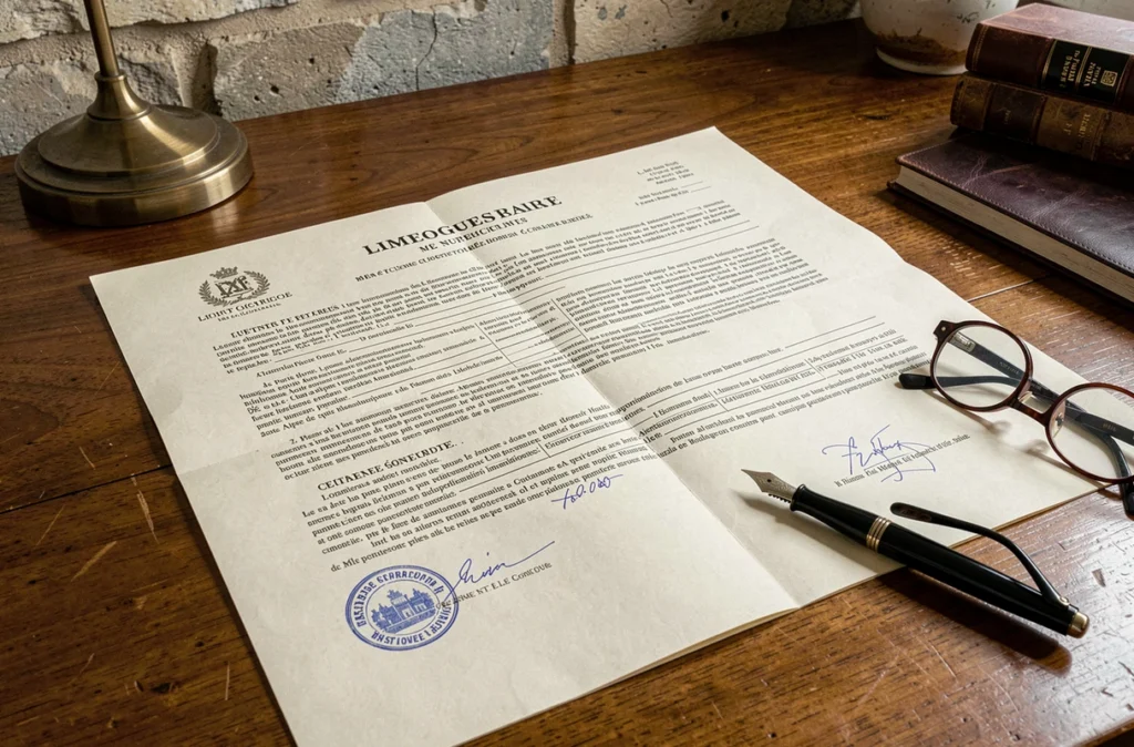 Document officiel de vente d'appartement avec tampons et annotations chez un notaire de Limoges