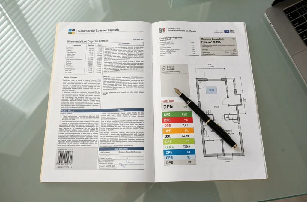 Dossier de diagnostic immobilier pour bail commercial de bureaux avec certificats et plans étalés sur un bureau
