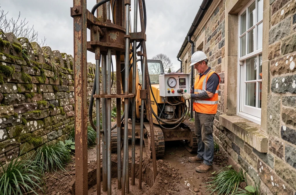 Installation de micropieux par foreuse hydraulique contre la fondation d'une maison en pierre ancienne