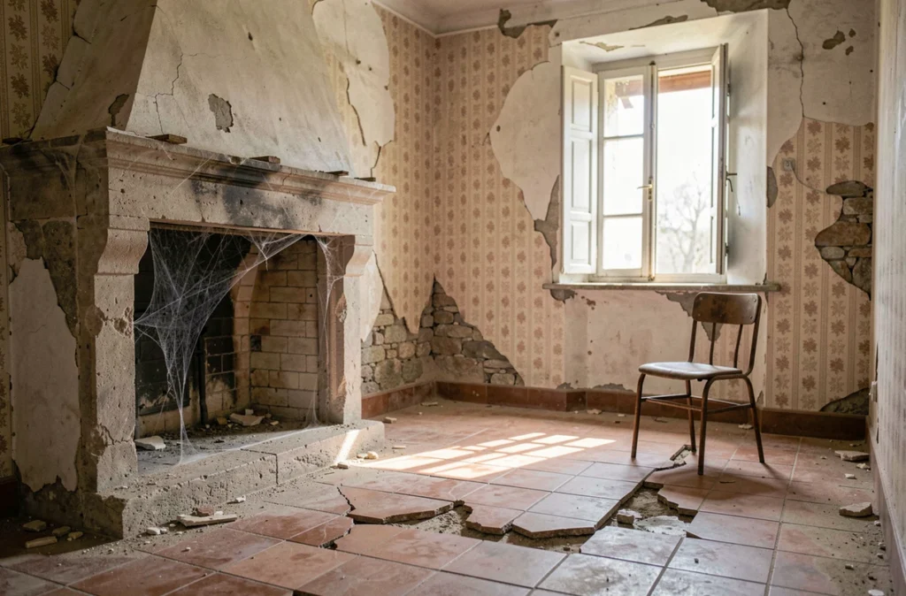 Intérieur abandonné d'une maison en PACA avec carrelage en terre cuite fissuré et cheminée en pierre poussiéreuse