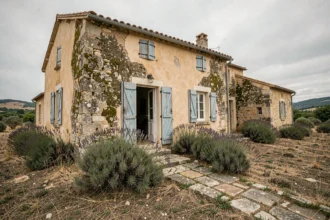 Maison abandonnée en pierre à donner en PACA avec volets bleus décrépits et végétation sauvage envahissante en Provence