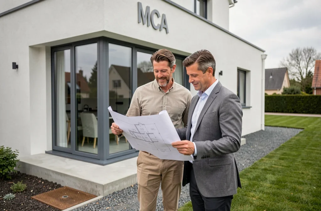 Couple examinant des plans devant une maison construite par Maisons MCA en Nouvelle-Aquitaine