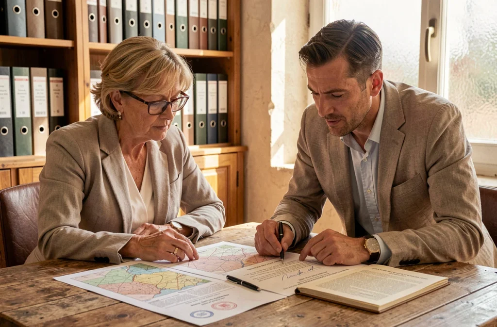 Notaire et acquéreur examinant les documents officiels pour la cession d'une maison abandonnée à donner en PACA
