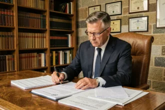 Notaire à Limoges examinant un acte de vente d'appartement dans son étude