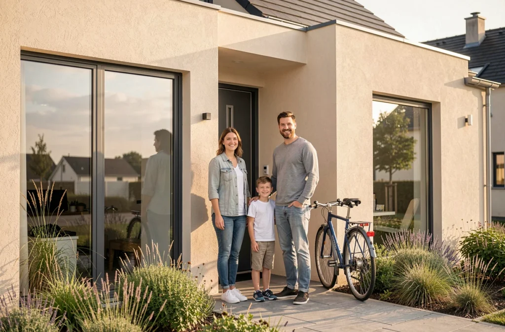 Famille devant leur maison éco-conçue construite par Primea en Nouvelle-Aquitaine