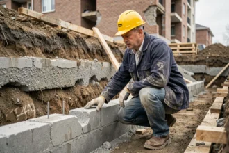 Ingénieur inspectant une fondation en béton exposée dans une tranchée de chantier urbain lors d'une reprise en sous-œuvre