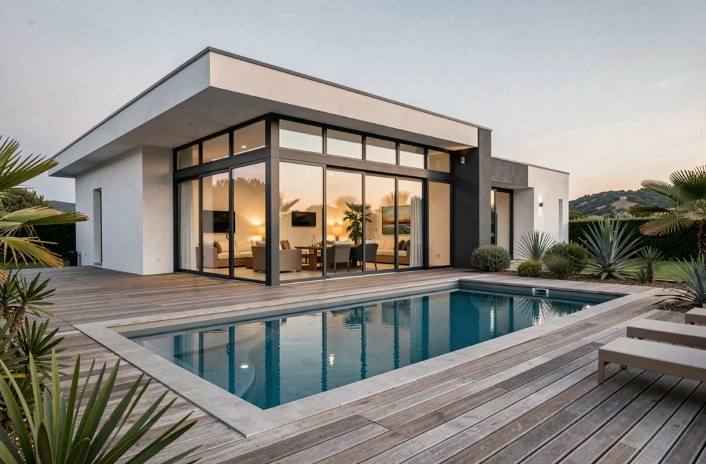 Villa contemporaine avec piscine et façade bicolore construite par Villas Melrose en Nouvelle-Aquitaine