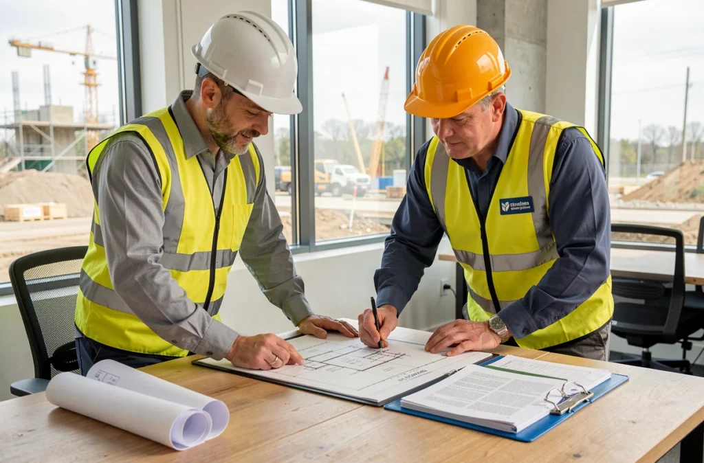 Architecte et entrepreneur étudiant les plans d'un immeuble sur une table