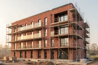 Immeuble à appartements en construction avec échafaudages et façade en briques