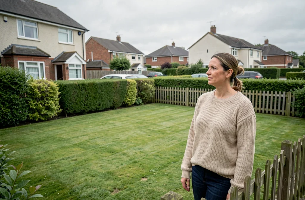 Femme debout dans le grand jardin d'un appartement T3 rez-de-jardin en périphérie urbaine, environnement résidentiel calme