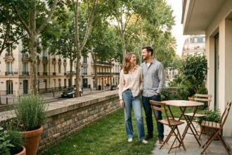 Couple profitant d'un jardin privatif en rez-de-jardin dans un immeuble urbain, avec façades haussmanniennes en arrière-plan