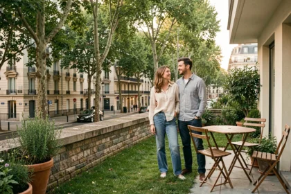 Couple profitant d'un jardin privatif en rez-de-jardin dans un immeuble urbain, avec façades haussmanniennes en arrière-plan