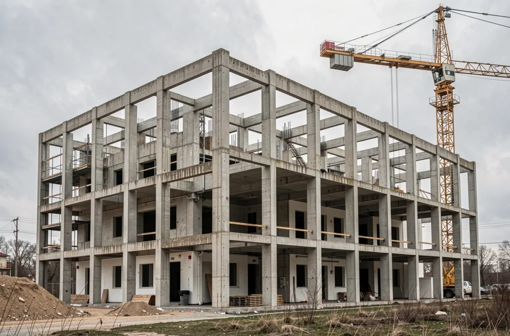 Structure en béton d'un petit immeuble d'appartements avec une grue